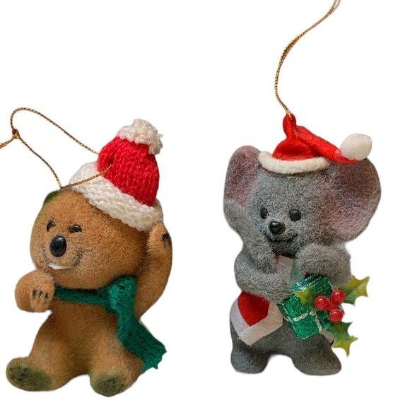 Two VTG Morgan Inc Flocked Christmas Ornaments Bucky Beaver & Twinkle Mouse 107E - Picture 1 of 5
